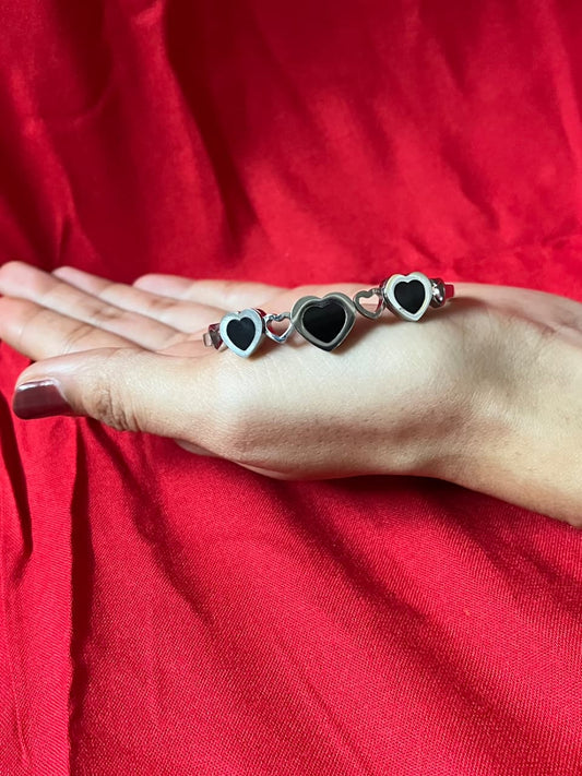 Elegant Silver Kada with Triple Black Heart Charm