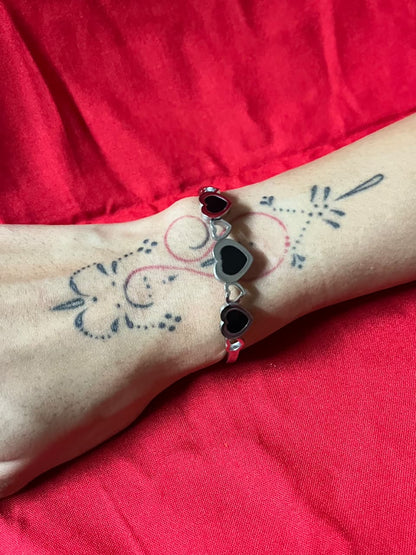 Elegant Silver Kada with Triple Black Heart Charm
