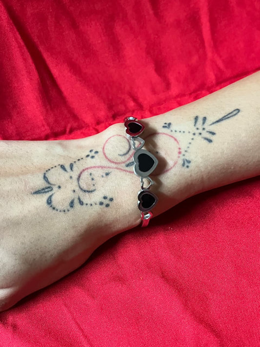 Elegant Silver Kada with Triple Black Heart Charm