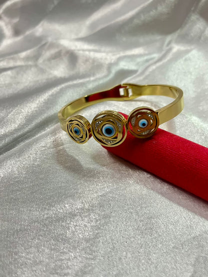 Gold-Plated Kada with Triple Evil Eye Protection Charm
