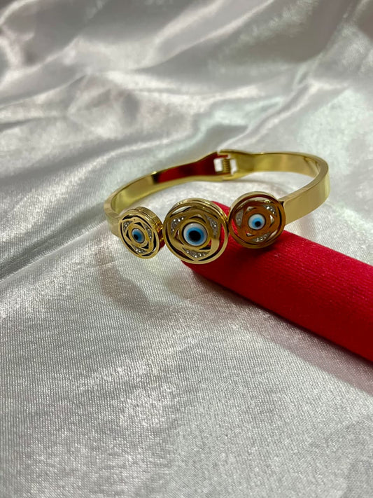 Gold-Plated Kada with Triple Evil Eye Protection Charm