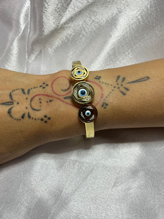 Gold-Plated Kada with Triple Evil Eye Protection Charm