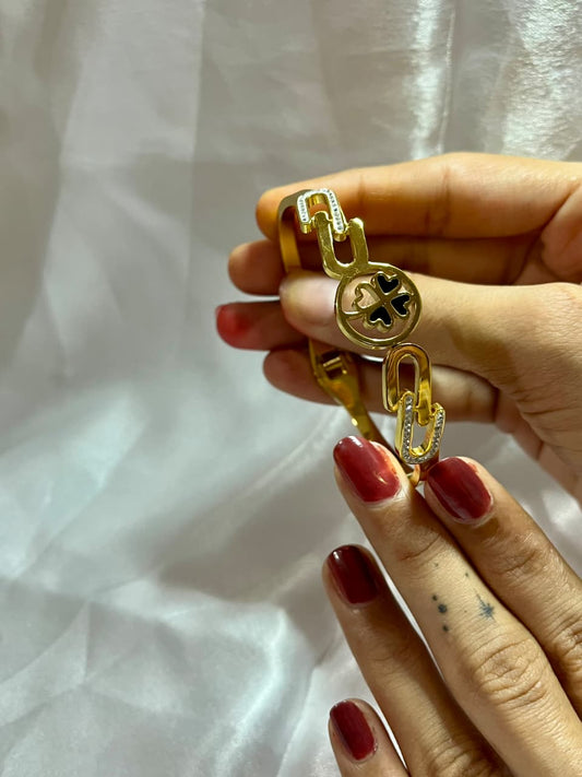 Gold-Plated Kada with Black Clover Emblem & Crystal Links