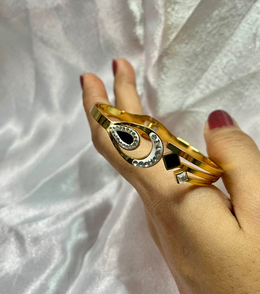 Gold-Plated Kada with Teardrop & Geometric Charms