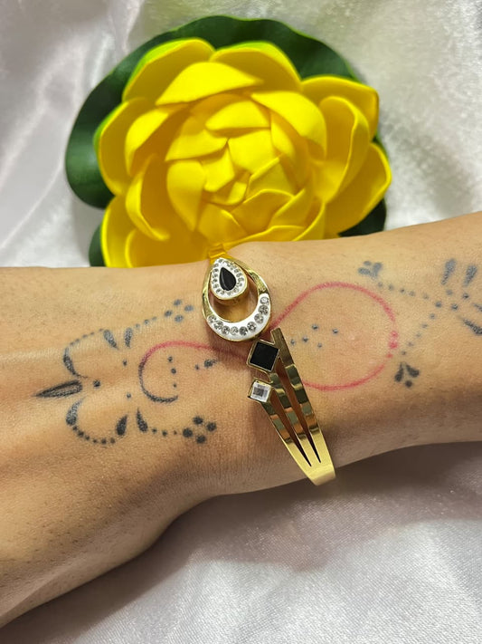 Gold-Plated Kada with Teardrop & Geometric Charms