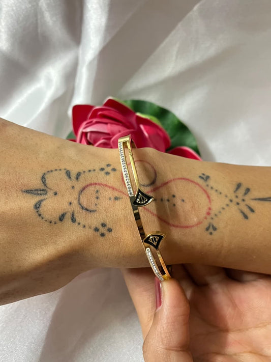 Elegant Gold-Plated Kada with Black Fan Charms