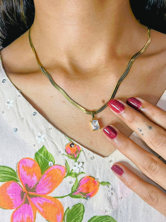 Gold Chain Necklace with Rectangular Crystal Pendant