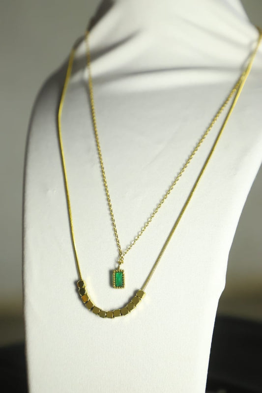 Elegant Layered Gold Necklace with Emerald Green Pendant
