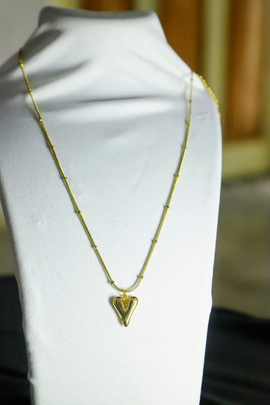 Modern Gold Heart Pendant Necklace on a Beaded Chain