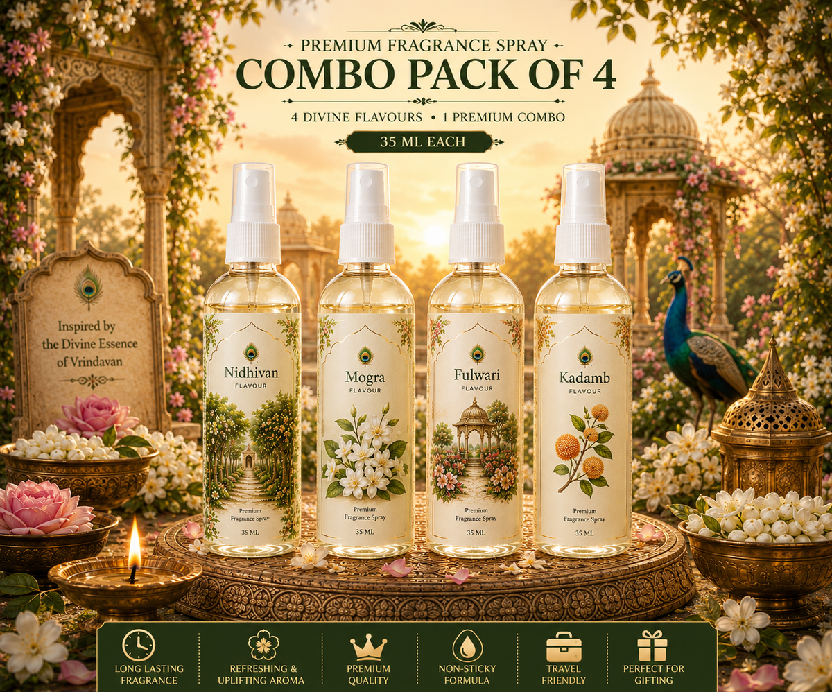 Vrindavan Fragrance Spray Combo Pack of 4 Divine Flavours (35 ML Each) Nidhivan• Mogra • Fulwari • Kadamb
