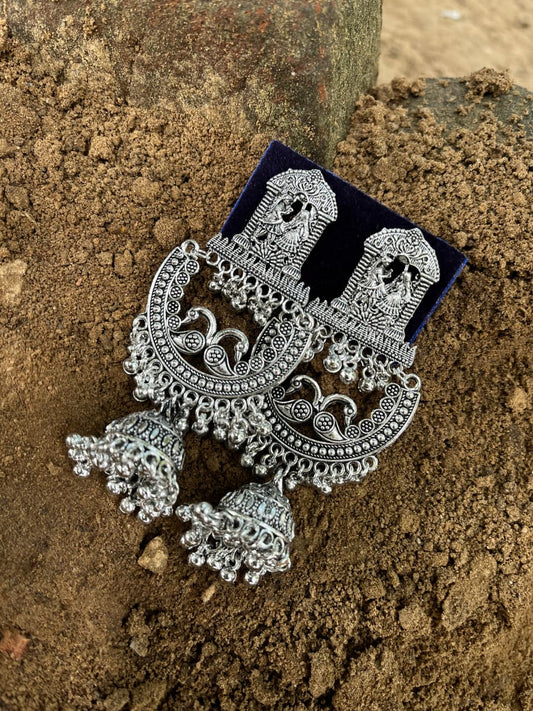 Elegant Oxidized Silver zumkha Earrings with Peacock Design