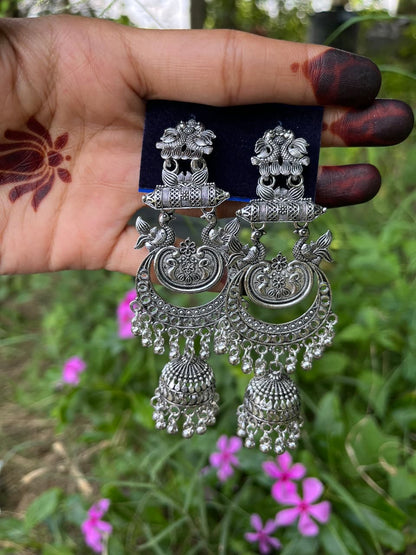 Exquisite Silver Oxidized zumkha Earrings with Peacock and Floral Motifs
