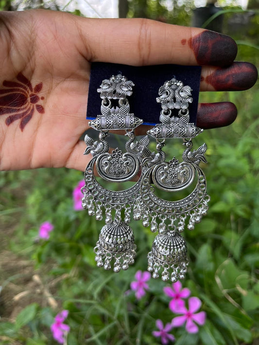 Exquisite Silver Oxidized zumkha Earrings with Peacock and Floral Motifs