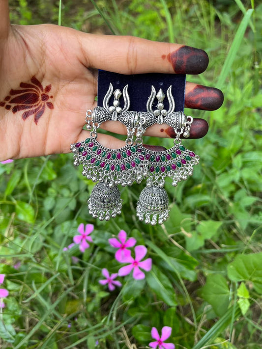 Oxidized Silver Zumkha Earrings with Green and Pink Stones