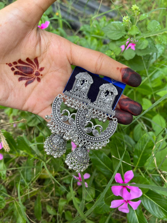 Elegant Oxidized Silver zumkha Earrings with Peacock Design