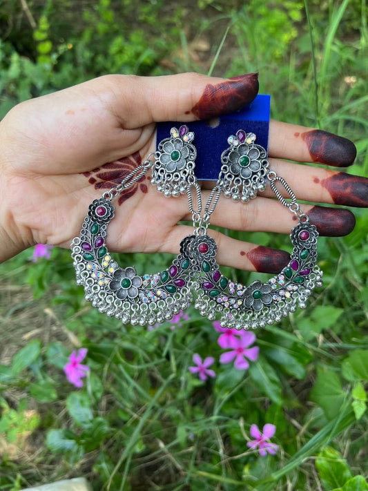 Floral & Stone Embellished Boho-Chic Drop Earrings