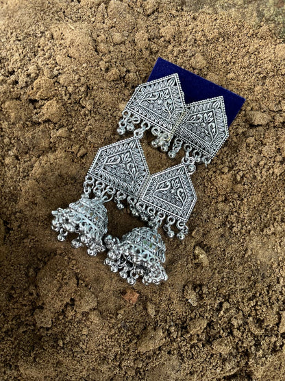 Traditional Bohemian Oxidized Silver Drop Earrings