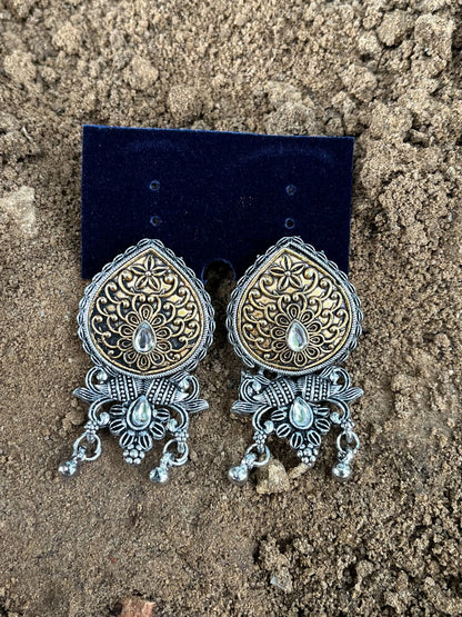 Dual-Tone Oxidized Silver and Gold zumkha Earrings with Clear Stone Accent