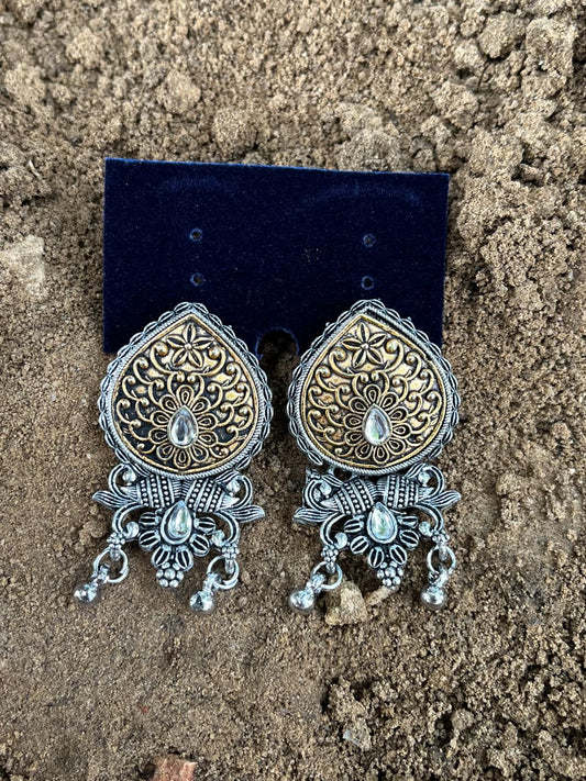 Dual-Tone Oxidized Silver and Gold zumkha Earrings with Clear Stone Accent