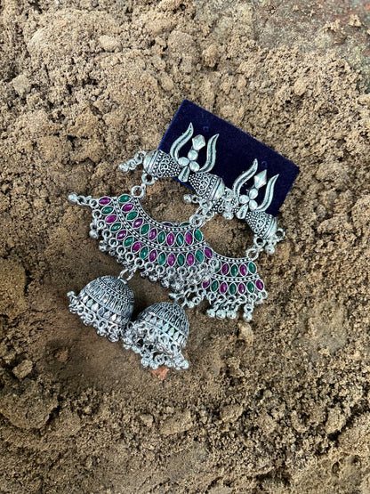 Oxidized Silver Zumkha Earrings with Green and Pink Stones