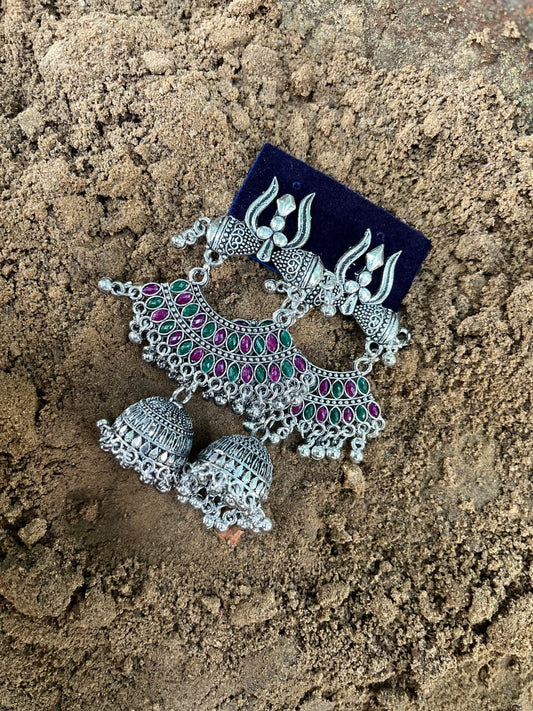 Oxidized Silver Zumkha Earrings with Green and Pink Stones