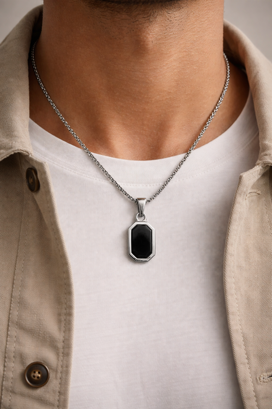 Premium Black Rectangular Pendant Necklace for Men| Stainless Steel Chain |