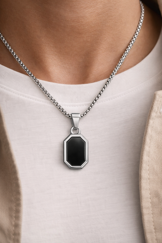 Premium Black Rectangular Pendant Necklace for Men| Stainless Steel Chain |