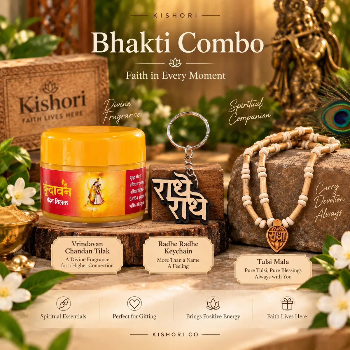Vrindavan Bhakti Combo – Chandan Tilak, Radhe Radhe Keychain & Tulsi Mala