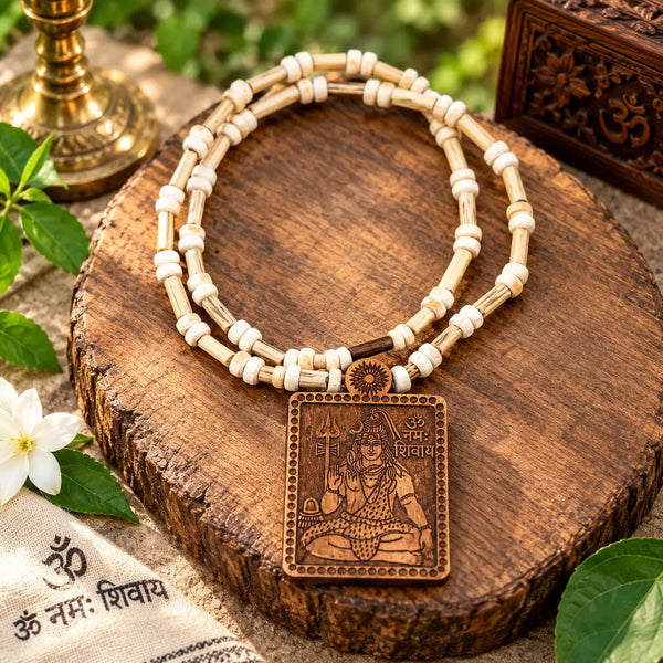 Mahadev Tulsi kanthi mala with engraved Shiva pendant, pure Vrindavan Tulsi beads
