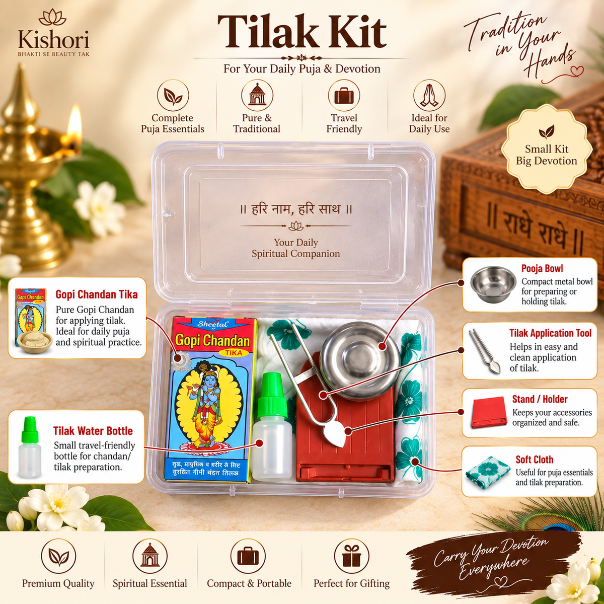 Tilak Kit open, showing Gopi Chandan tika, water bottle, bowl, stand and cloth