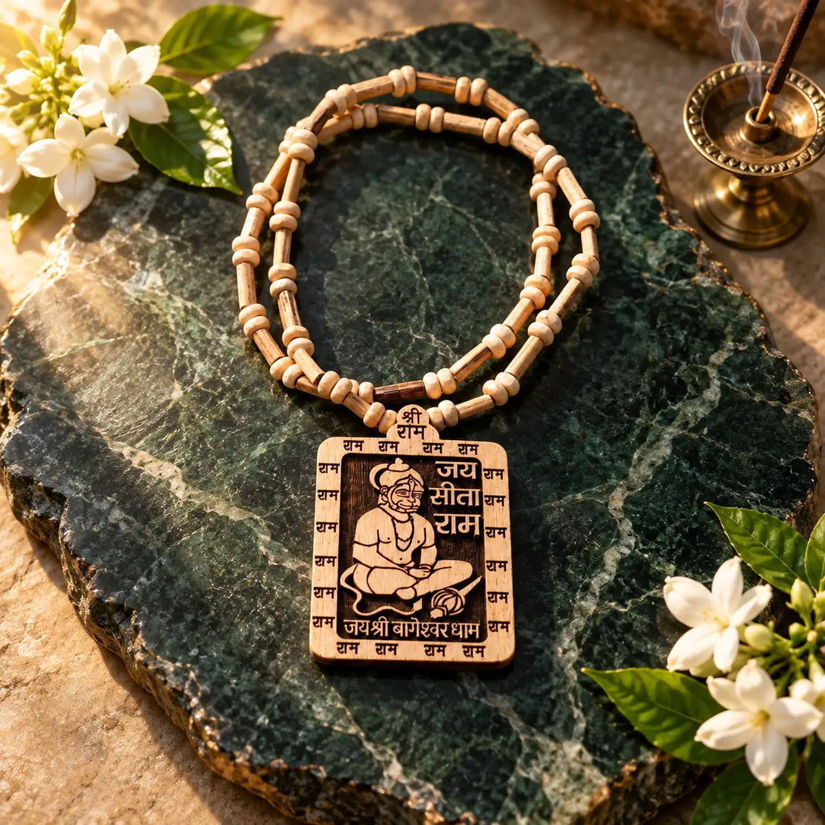 Close-up of engraved Hanuman Ji pendant with Jai Sita Ram motifs