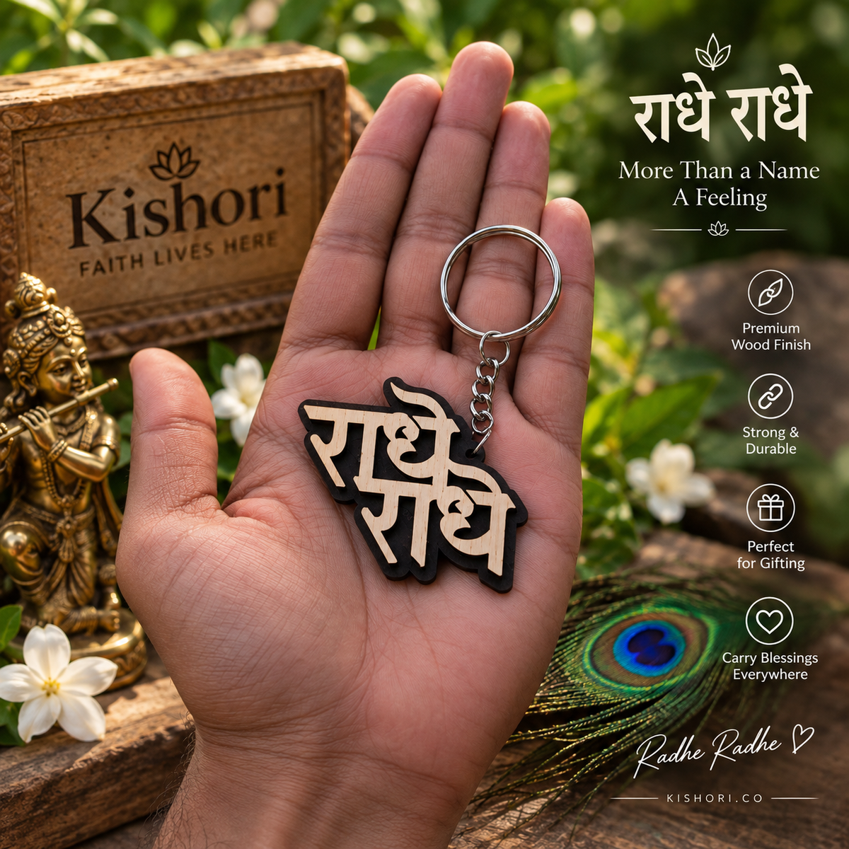 राधे राधे wooden keychain carved in Devanagari with steel ring