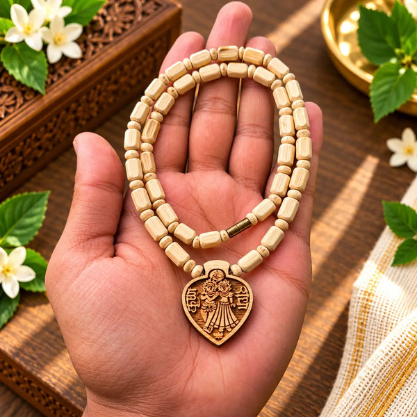 Vrindavan Tulsi mala with Radha Krishna pendant, 9 inch