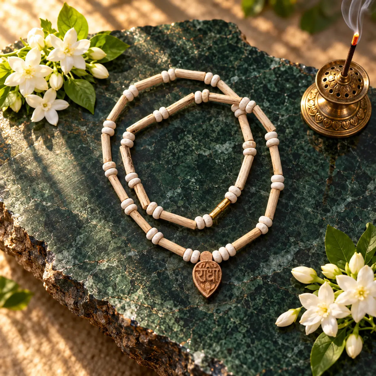 Close-up of carved Radha pendant on cylindrical Tulsi wood beads