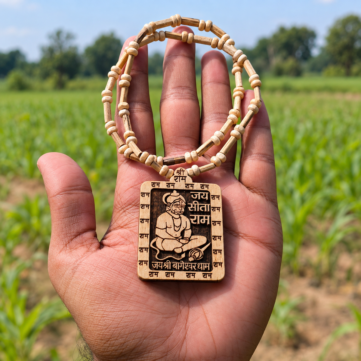 Shri Ram Hanuman engraved Tulsi mala with rectangular wooden pendant, 10 inch