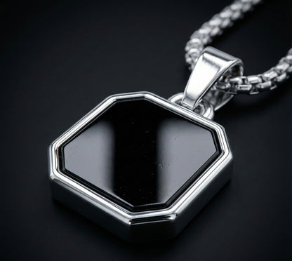 Premium Black Shield Pendant with Silver Chain