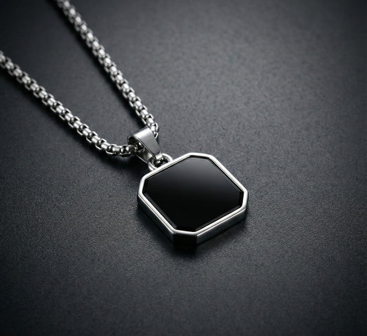 Premium Black Shield Pendant with Silver Chain