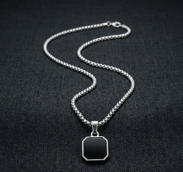 Black Hexagon Pendant with Silver Chain