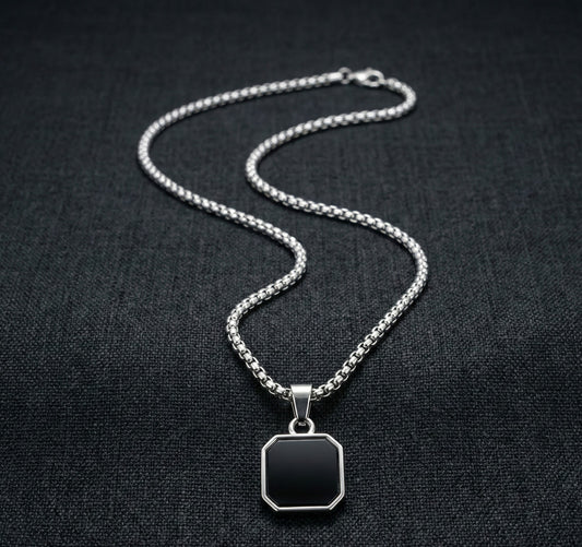 Premium Black Shield Pendant with Silver Chain