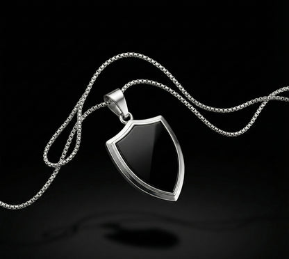 Premium Black Shield Pendant with Silver Chain