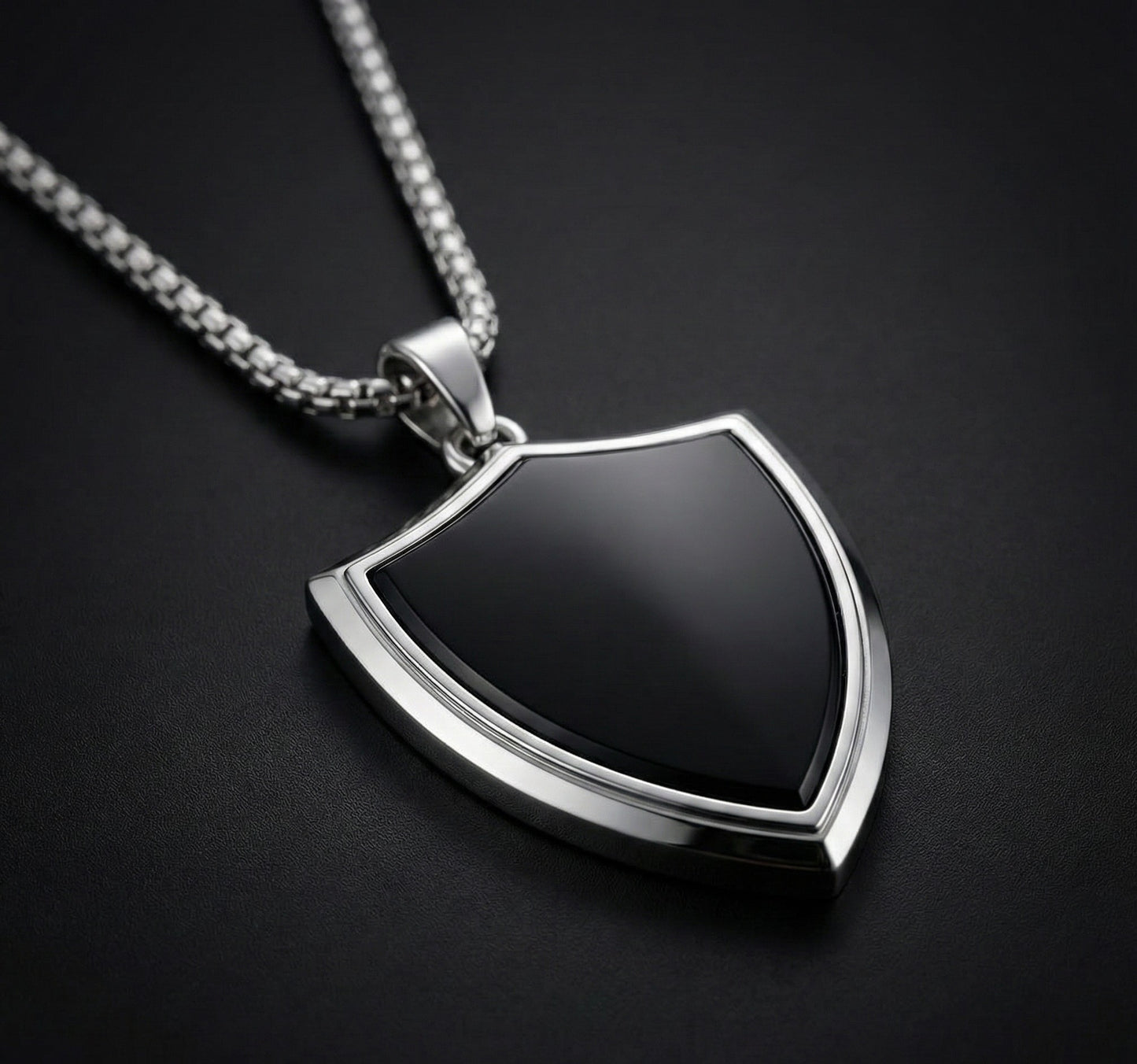Premium Black Shield Pendant with Silver Chain