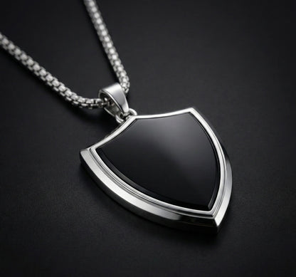 Premium Black Shield Pendant with Silver Chain