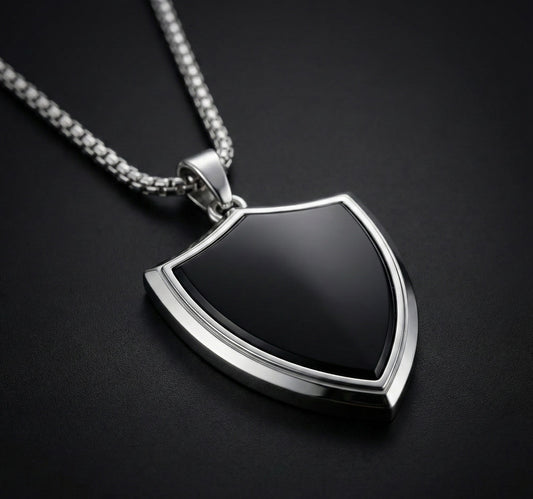 Premium Black Shield Pendant with Silver Chain