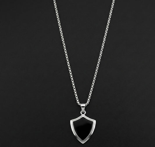 Premium Black Shield Pendant with Silver Chain