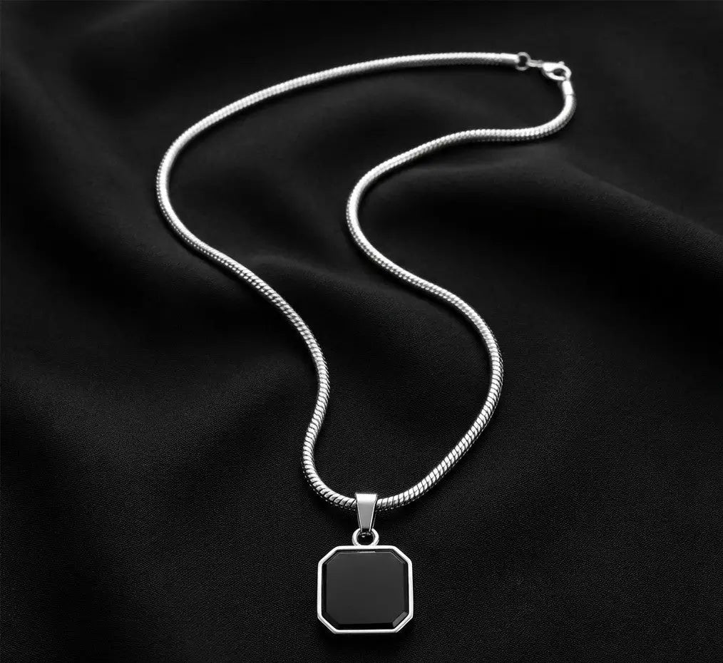 Black Hexagon Pendant with Silver Snake Chain