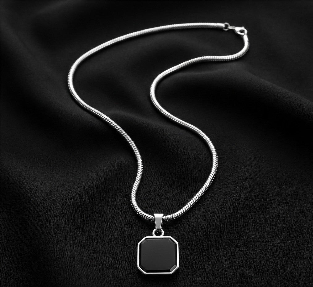 Premium Black Hexagon Pendant with Silver Snake Chain