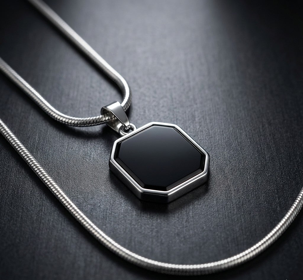 Premium Black Hexagon Pendant with Silver Snake Chain