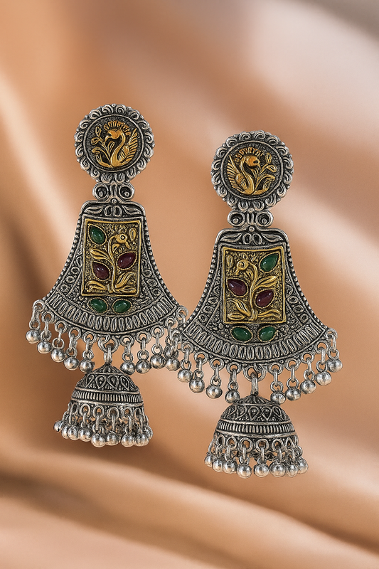 Antique  Silver Temple Jhumka Earrings with Colorful Stones