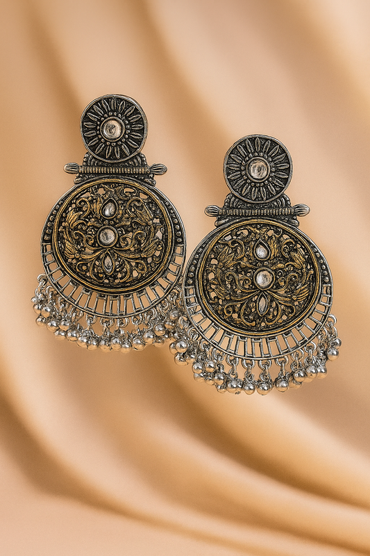 Antique  Silver Round Jhumka Earrings with Golden Detailing