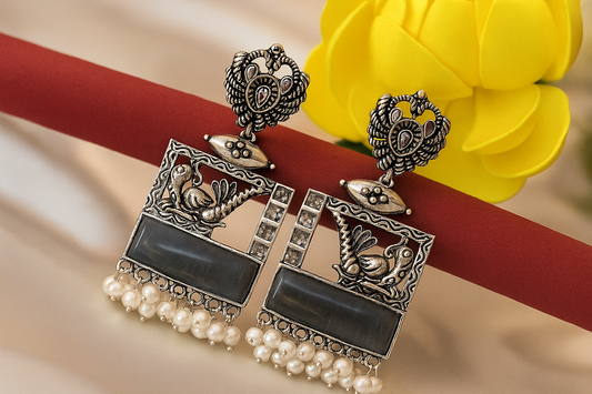 Antique Silver Bird Motif Earrings with Pearls